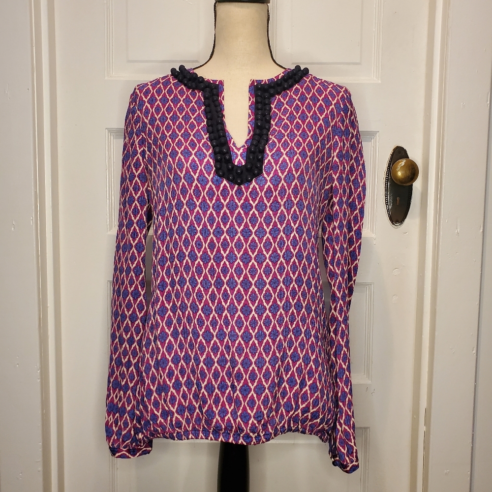 Tory Burch Silk Embellished Purple Print Tunic Top